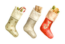 Hand-drawn Christmas Stocking With Gifts. Sweets And Holiday Cookies. Candy Cane, Gingerbread. A Wrapped Box With A Nice Ribbon. Set Of Watercolor Illustrations. Isolated Objects On A White Background