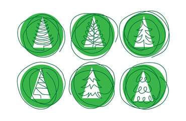 Wall Mural - Christmas pine trees doodle border. One continuous line drawing. Simple vector green Christmas trees border