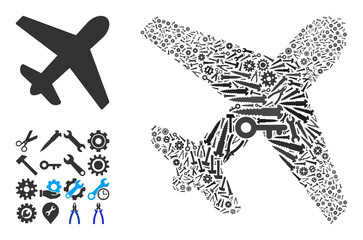 Repair service airplane collage of tools. Vector airplane is composed of gearwheels, wrenches, and other tools, and based on airplane icon. Concept of technical service.