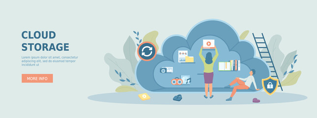 Wall Mural - Cloud storage. Internet data exchange technology. Woman uploads files to the cloud. Promotional web banner. Cartoon flat vector illustration with people characters.