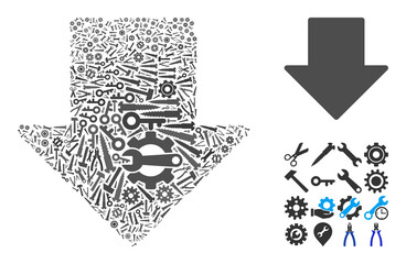 Wall Mural - Service arrow down mosaic of service tools. Vector arrow down is created of gear wheels, wrenches, and other tools, and based on arrow down icon. Abstraction for mechanic service.