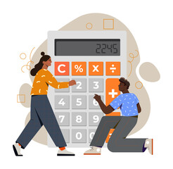 Calculator app concept. Young man and woman entrepreneurs analyze financial situation of company. Employees conduct accounting. Saving money or investing. Cartoon modern flat vector illustration