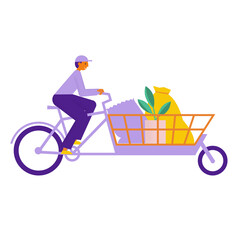 Wall Mural - Man courier on a cargo long john bike with heavy shipment. Bicycle delivery man carrying plant and bags for gardening. Ecological city transport. Flat vector illustration