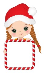 Wall Mural - Cute Little Girl Holding Christmas Candy Frame to Customise Your Text. Vector Redheaded Girl with Banner