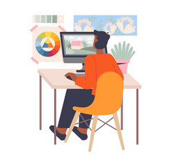 Poster - creative workplace concept. young male designer sits at his desk and draws in special program. inter
