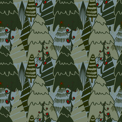 Christmas background vector seamless pattern of stylized Christmas trees. Wallpaper for wrapping paper, invitations, paper and cards, website backgrounds. New Year and Christmas festive forest conifer