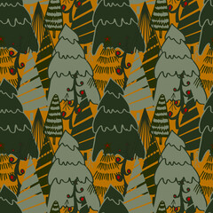 Christmas background vector seamless pattern of stylized Christmas trees. Wallpaper for wrapping paper, invitations, paper and cards, website backgrounds. New Year and Christmas festive forest conifer
