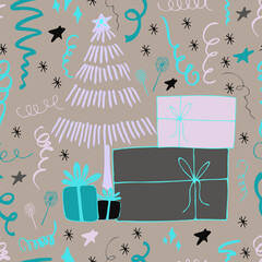 Christmas background party celebration vector seamless pattern stylized Christmas trees with candy gifts and sparklers. Wallpaper for wrapping paper, invitations, paper and cards, website backgrounds.
