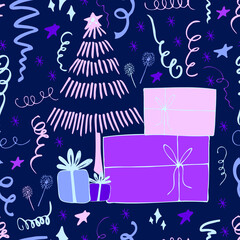Christmas background party celebration vector seamless pattern stylized Christmas trees with candy gifts and sparklers. Wallpaper for wrapping paper, invitations, paper and cards, website backgrounds.