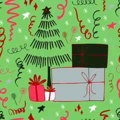 Christmas background party celebration vector seamless pattern stylized Christmas trees with candy gifts and sparklers. Wallpaper for wrapping paper, invitations, paper and cards, website backgrounds.