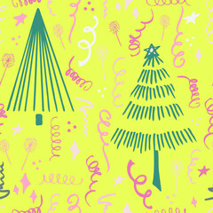 Christmas background party celebration vector seamless pattern stylized Christmas trees with candy gifts and sparklers. Wallpaper for wrapping paper, invitations, paper and cards, website backgrounds.