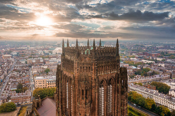 Aerial view of the Liverpool Cathedral or the Cathedral Church of the Risen Christ in Liverpool, UK