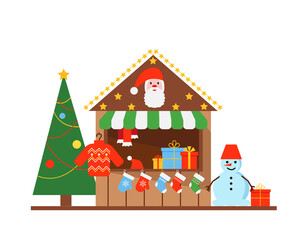 Christmas Market stall or wooden kiosk isolated on white background. Winter festive shop with gifts and clothes. Vector illustration .