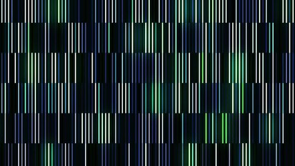 Poster - A wall of reflective long multicolored stripes on a black background, seamless loop. Motion. Mainly green blinking lines.
