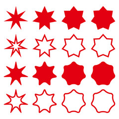 Star shapes collection. Silhouetes and outline red stars. Simple design elements set. Vector illustration isolated on white.