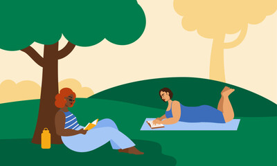 Wall Mural - Illustration of two women reading at the park