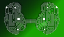 Green Computer Circuit In Brain Form With Green Background Vectoral Illustration