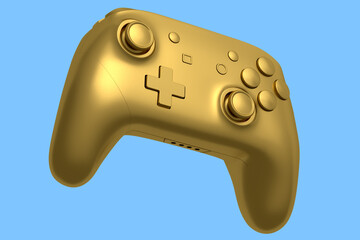 Realistic gold video game joystick on blue background. Concept of winner awards