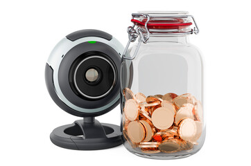 Poster - webcam with glass jar full of golden coins, 3d rendering