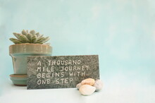 Green Ceramic Pot With Green Catus Pebbles And Marble Engraved With A Thousand Mile Journey Begins With One Step