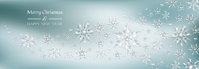Wall Mural - Vector realistic transparent wave of snowy wind with glass snowflakes. Sparkling translucent crystals border