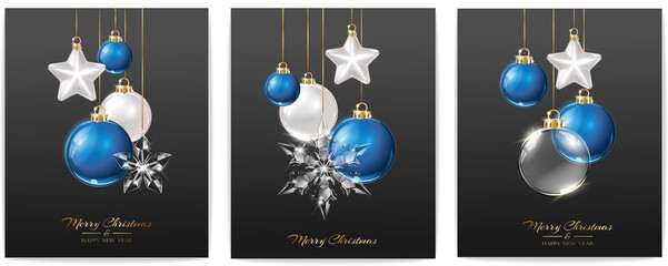 Poster - Christmas decorative border and background made of festive decoration elements. New Year concept. Blue and white color.
