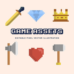 Pixel game assets creative design icon sword, diamond, crown, axe, love, hammer vector illustration for video game asset, motion graphic and others