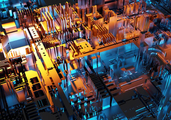 Poster - Abstract background. Texture with blue-yellow gradient. Colorful background PCB theme.Abstract computer board. Visualization of PCB pattern. Abstract background without focus. 3d image.