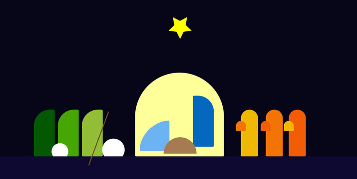 minimalist nativity scene illustration shapes to represent the birth of Christ in the stable with Mary Joseph, the wise men and shepherds.