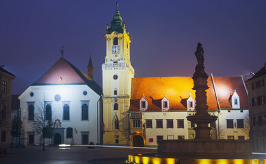 Wall Mural - Main Square is historical landmark of Bratislava in night illumination outdoor.