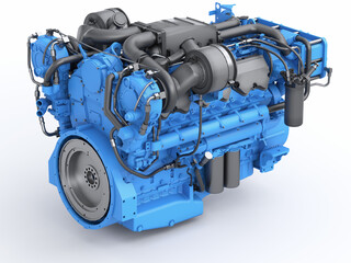 Wall Mural - Heavy duty turbodiesel engine, blue in color, isolated on white background. 3d illustration