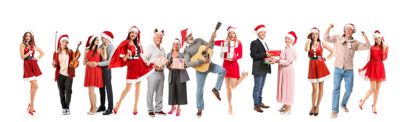 Wall Mural - Group of people in Santa hats on white background