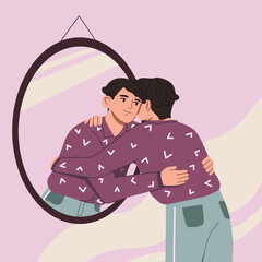Young man hugging his own reflection in the mirror. Love yourself, self care, self acceptance concept. Hand drawn vector colorful funny cartoon style illustration