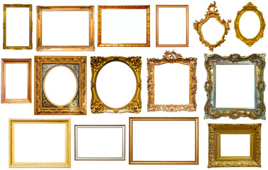 collection of isolated old fashioned empty art frames in different shapes