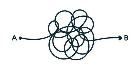 The hard and simple way from point A to vector illustration B. Simplifying chaos, solving problems and finding business solutions. Hand drawn doodle on a white background. simple illustration.