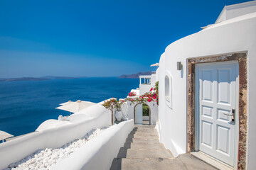 Amazing Santorini landscape with white architecture and sea view. Sunny summer travel background, cityscape, urban scenic. Idyllic streets, pathway, pool and houses. Luxury resort hotel vacation