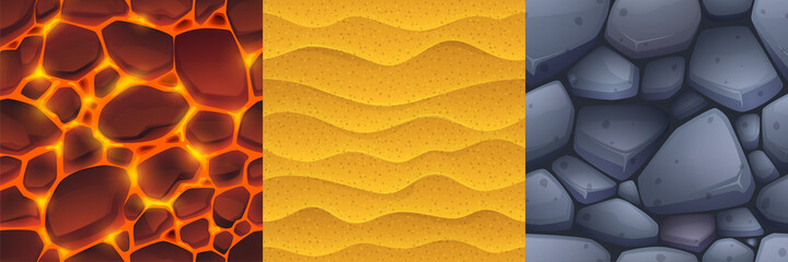 Poster - textures of stone, sand and lava for game background. vector cartoon seamless patterns of top view o