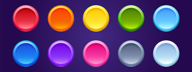 Colored round web buttons isolated on background. Vector set of empty bright circle tags, 3d badges for website, game or mobile app. Blank Internet push buttons