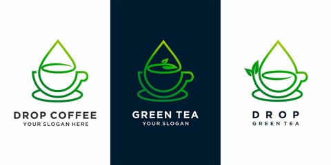 Wall Mural - coffee or green tea or tea with water drop and tea leaf combination concept icon set logo design . Premium Vector