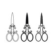Set of scissors icons. Silhouettes and outlines of vintage and curly scissors for needlework and collecting. Vector illustration isolated on a white background for design and web.