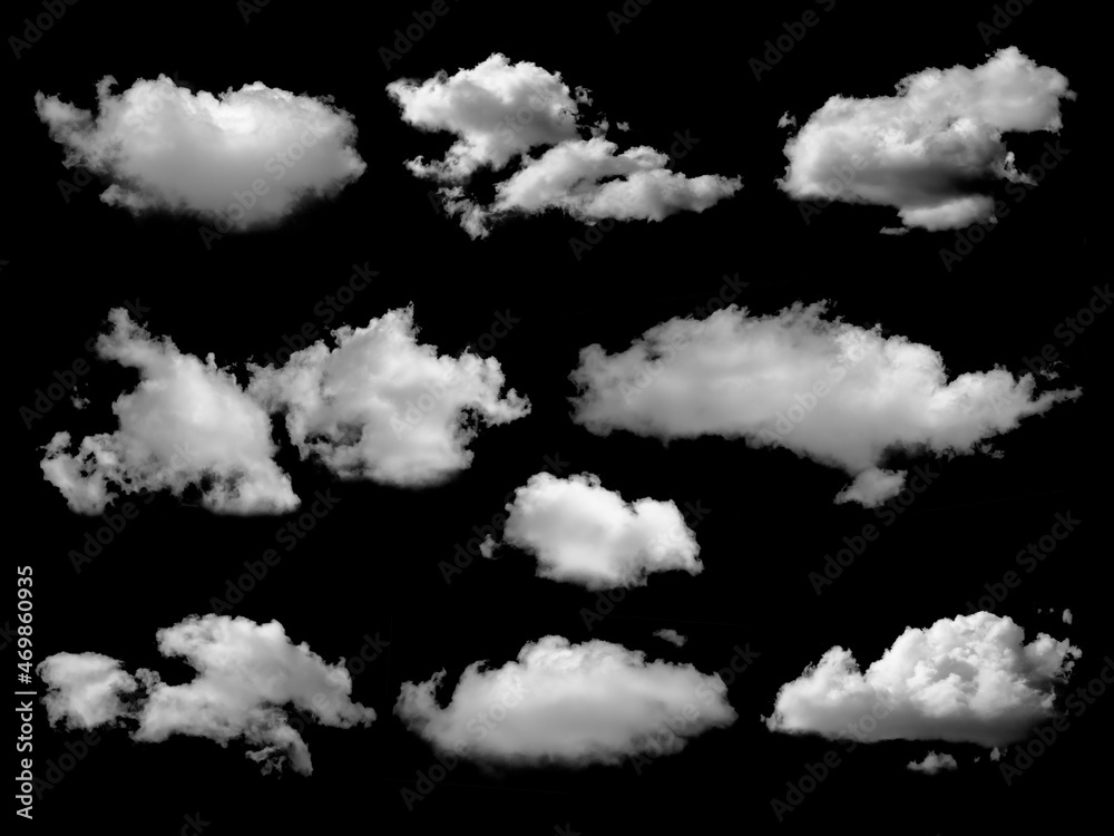 Beautiful white clouds elements set, isolated on black background ...