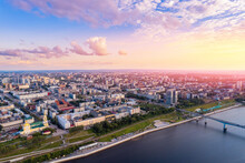 Aerial Top View Panorama City Perm And Kama River Russia, Sunset Drone Photo