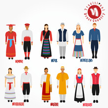 Set Of Alphabet "N" Cartoon Characters In Traditional Clothes.	
