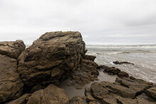 The Jagged Rocks And Coastline Of The Atlantic Coast At Grotto Beach, A Wide Beach Near Hermanus. 