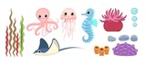 Fototapeta Pokój dzieciecy - Set of marine objects: octopus, seahorse, jellyfish, plants, stones, stingray, algae and bubbles. Underwater world. Aquarium or sea. Summer water.