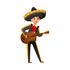 Wall Mural - Boy wearing traditional Mexican clothes and sombrero hat playing guitar cartoon vector illustration