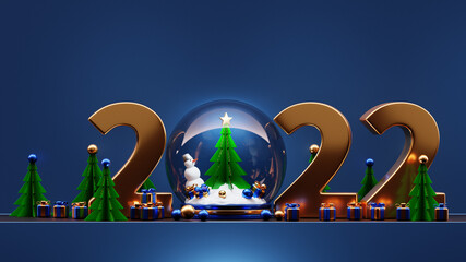 Sticker - 3d illustration of cartoon happy new year 2022 greeting card: new year snowman with gifts, glass snow globe with christmas tree, retro cars under magic lanterns at night. Christmas snow globe