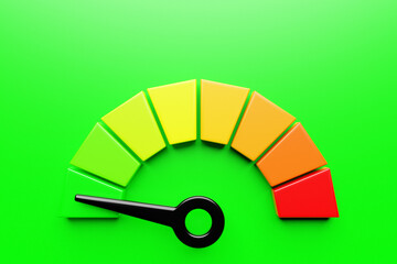 3d illustration of speed measuring speed icon. Colorful speedometer icon, speedometer pointer points to green normal color