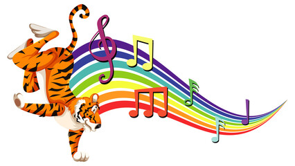 Wall Mural - Tiger dancing with melody symbols on rainbow