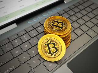 Wall Mural - Generic crypto currency coins standing on laptop computer keyboard. 3D illustration